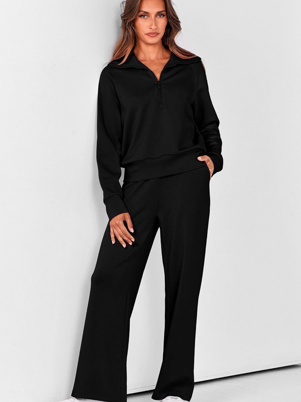 Black Wide-Leg Lounge Pants with Zip-Front Top